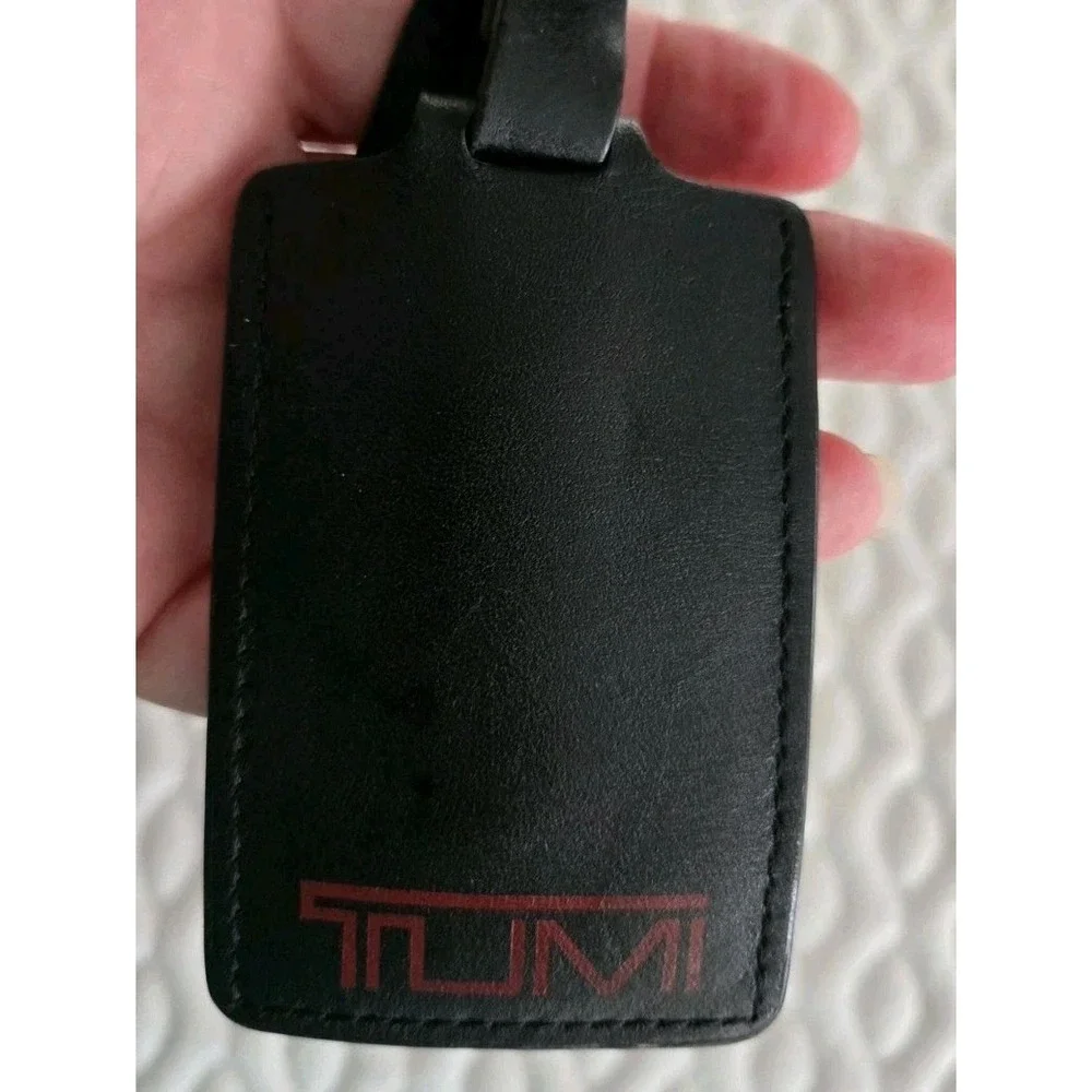 TUMI Luggage Tag Alpha Black Leather  Buckle Adjustable Red Lettering